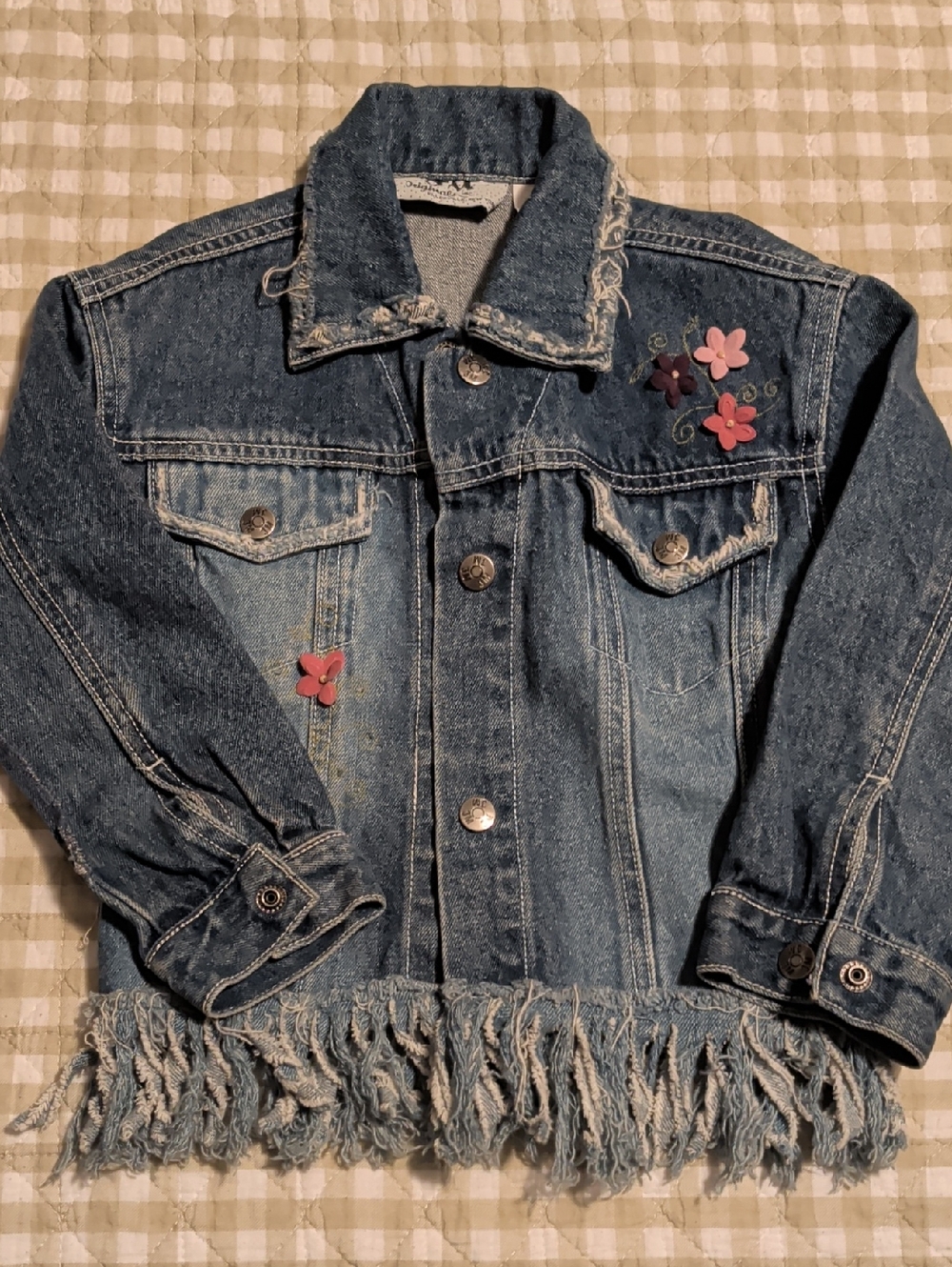 Girls' Denim Jacket with Fringe Hem and Floral Accents